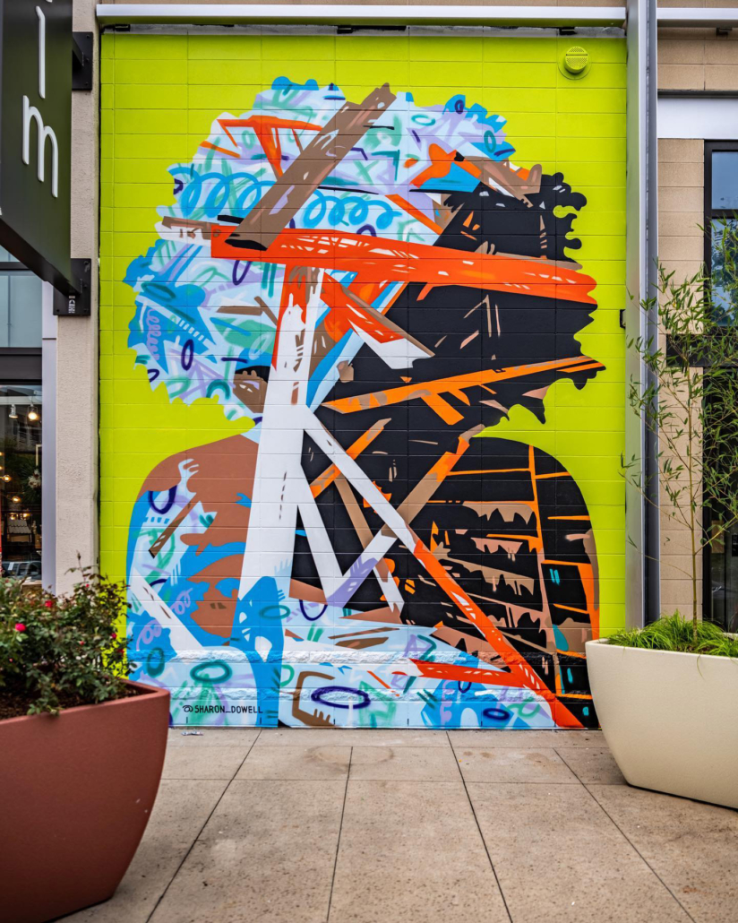 One-story, spray-painted mural of partially cool-colored & partially flesh-colored silhouette with voluminous curly hair. Open circles and other colorful organic shapes throughout. Plane broken by intersecting lines of varying widths, colors & lengths. Located on exterior wall of Charlotte’s Metropolitan complex, beside West Elm.