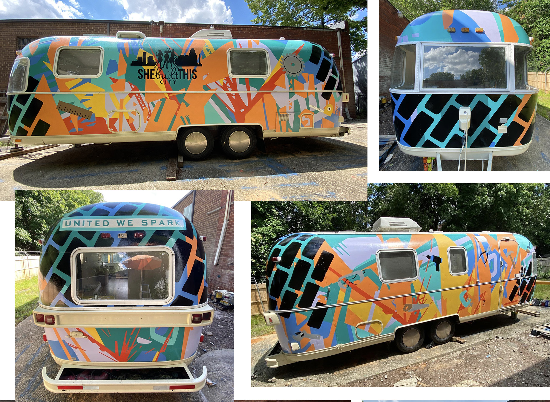 Aluminum Airstream Argosy completely painted in enamel, with images of tools on a brightly-colored background of geometric shapes. Large She Built This City logo in black on side. United We Spark in teal block letters over rear windshield.