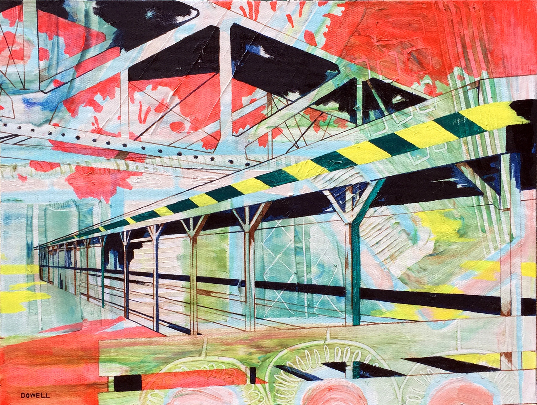 16″ x 20″ acrylic on canvas study of bridge from close, low perspective. Energetic, abstract background in various bright colors.