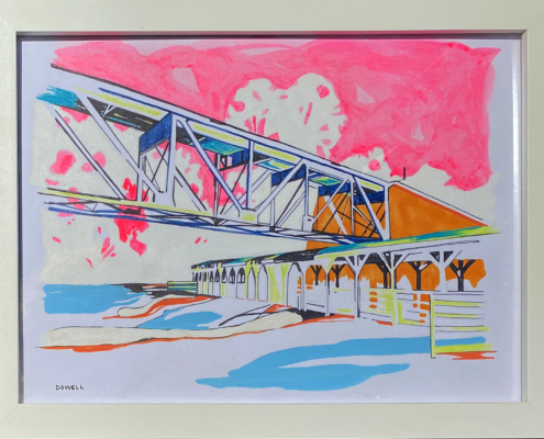 8″ x 10″ mixed media on paper. Study of bridge from ground perspective on brightly-colored background including neon pink sky, with soothing, organic shapes.