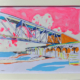 8″ x 10″ mixed media on paper. Study of bridge from ground perspective on brightly-colored background including neon pink sky, with soothing, organic shapes.