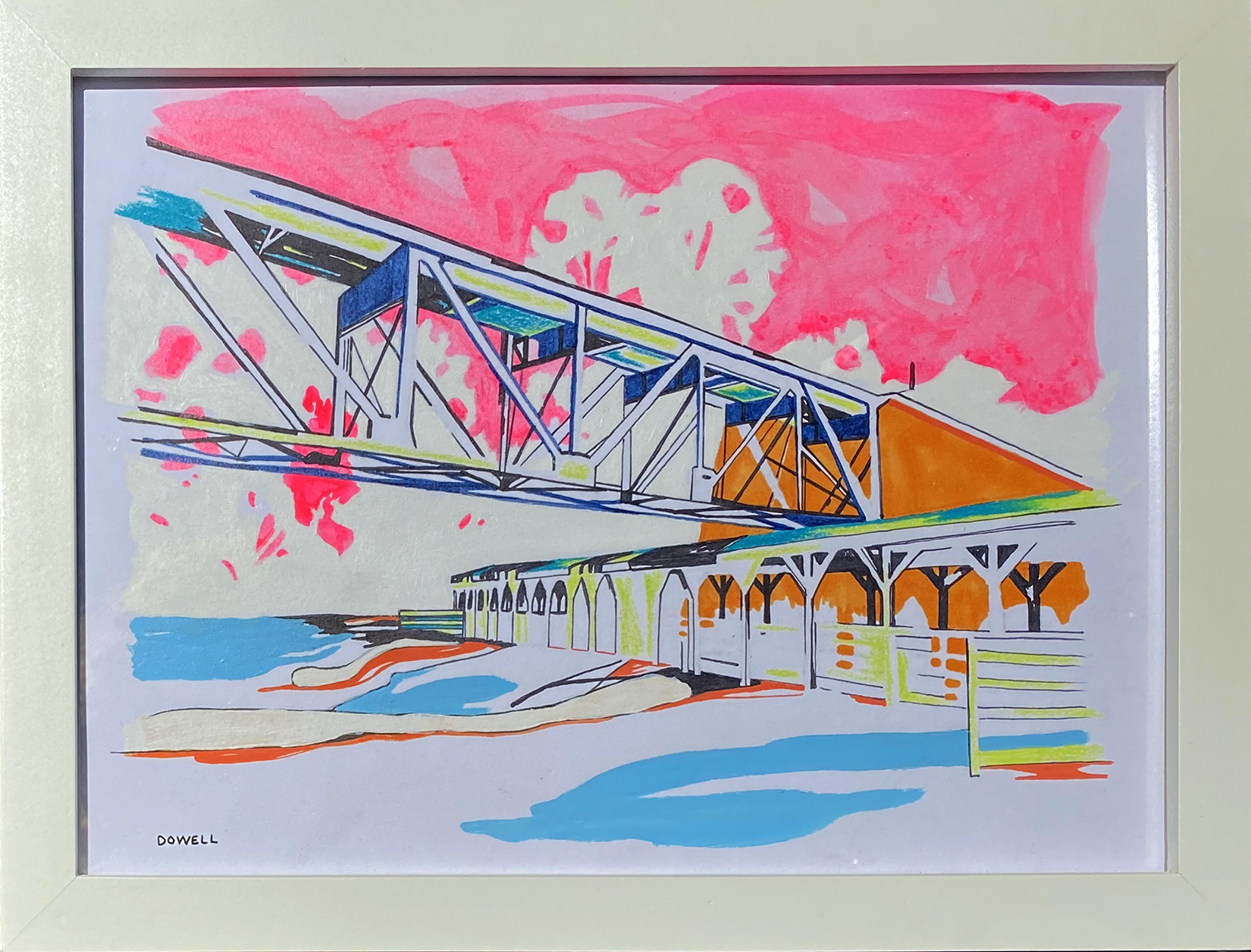 8″ x 10″ mixed media on paper. Study of bridge from ground perspective on brightly-colored background including neon pink sky, with soothing, organic shapes.