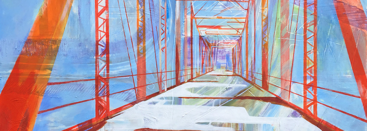 30″ x 40″ acrylic on panel. Abstract representation of Rozelle’s Ferry Bridge in Charlotte. In linear perspective standing on end of bridge and looking to other end. Lines in flame reds & oranges on background of cool blues, violets & white with yellow-green highlight.