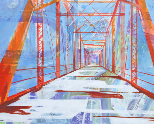 30″ x 40″ acrylic on panel. Abstract representation of Rozelle’s Ferry Bridge in Charlotte. In linear perspective standing on end of bridge and looking to other end. Lines in flame reds & oranges on background of cool blues, violets & white with yellow-green highlight.