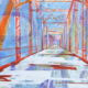 30″ x 40″ acrylic on panel. Abstract representation of Rozelle’s Ferry Bridge in Charlotte. In linear perspective standing on end of bridge and looking to other end. Lines in flame reds & oranges on background of cool blues, violets & white with yellow-green highlight.