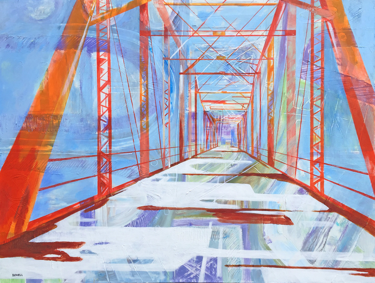 30″ x 40″ acrylic on panel. Abstract representation of Rozelle’s Ferry Bridge in Charlotte. In linear perspective standing on end of bridge and looking to other end. Lines in flame reds & oranges on background of cool blues, violets & white with yellow-green highlight.