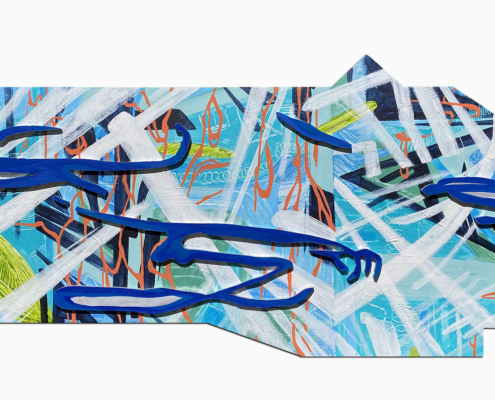 20″ x 48″ acrylic on cut wood panels of varying sizes. Polygon shape. Cobalt blue, shadowed lines in organic shapes layered over thick and thin white brush strokes, orange vine-like lines, and a cool blue background with lime green accents.