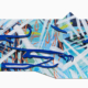 20″ x 48″ acrylic on cut wood panels of varying sizes. Polygon shape. Cobalt blue, shadowed lines in organic shapes layered over thick and thin white brush strokes, orange vine-like lines, and a cool blue background with lime green accents.