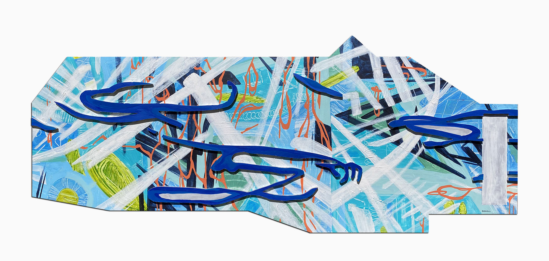 20″ x 48″ acrylic on cut wood panels of varying sizes. Polygon shape. Cobalt blue, shadowed lines in organic shapes layered over thick and thin white brush strokes, orange vine-like lines, and a cool blue background with lime green accents.