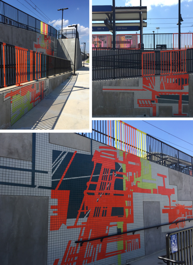 400 feet of mandarin, teal, kiwi & gray tile mosaics in varying sizes with bold, linear architectural patterns on the walking ramps of both sides of Charlotte’s 25th St Station light rail platform. Handrails above each mosaic are powder coated in corresponding colors.