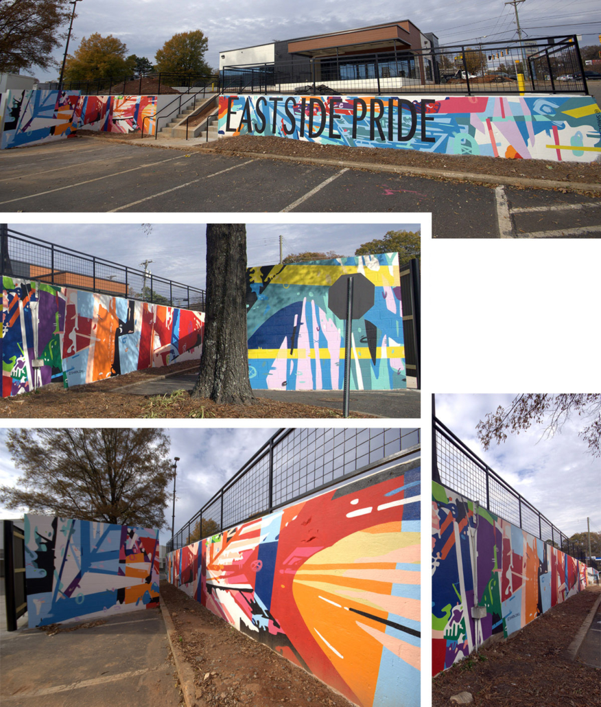 Approx 950 sq ft mural covering multiple walls in Charlotte’s Eastway Crossing mall parking area. Eastside Pride painted in thin, black block letters over a busy, colorful mural of abstract geometric shapes & lines.