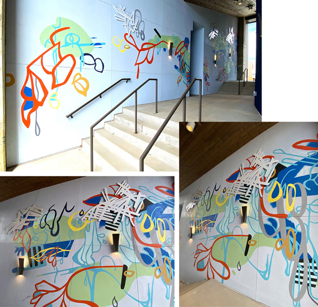 16’ h x 50’ w hand-painted, vibrantly-colored, energetic mural with layered leaf-like shapes & shiny aluminum embellishments on stucco breezeway wall of HUB Apartments in Charlotte’s Southend.
