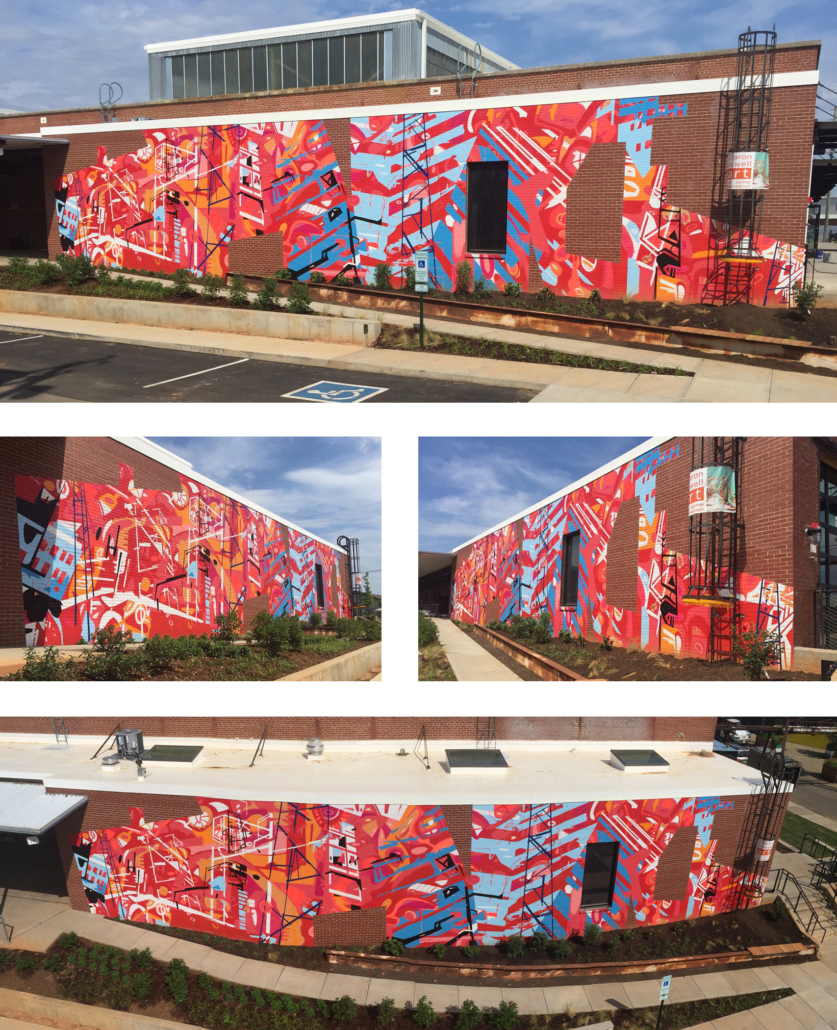 20’ h x 80’ w hand & spray-painted energetic, abstract mural with overlapping planes of reds, blues & oranges. Architectural lines in blues, black & white echo industrial buildings and towers of surroundings. Precise geometric shapes of exposed, unpainted red brick. Located on exterior wall of Goodyear Arts building in Charlotte’s Camp North End.